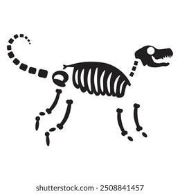 Verfaulter, wütender Halloween-Hund mit getrockneten Skelettknochen, märchenhaft gruseliger Charakter. Beängstigendes uraltes Fossil eines wütenden Hundes. Einfache schwarz-weiße Vektorgrafik einzeln auf weißem Hintergrund