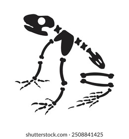 Verfaulter Halloween Krötenfrosch mit getrockneten Skelettknochen, märchenhaft gruseliger Charakter. Uraltes Fossil eines großen Krötenfrosches. Einfache schwarz-weiße Vektorgrafik einzeln auf weißem Hintergrund