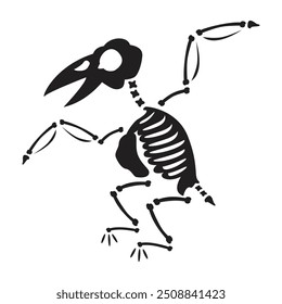 Verfaulter Halloween fliegender krächzender Rabe Vogel mit getrockneten Skelettknochen, märchenhafter gruseliger Charakter. Beängstigend antikes Fossil des Raben. Einfache schwarz-weiße Vektorgrafik einzeln auf weißem Hintergrund