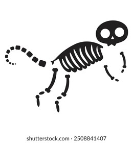 Decayed Halloween huge cat with dried skeleton bones, fairy tale creepy character. Scary ancient fossil of huge cat . Simple black and white Vector isolated on white background