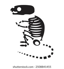 Verfaulte Halloween Angst Ratte mit getrockneten Skelett Knochen, Märchen gruseligen Charakter. Beängstigendes uraltes Fossil von verängstigter Ratte. Einfache schwarz-weiße Vektorgrafik einzeln auf weißem Hintergrund