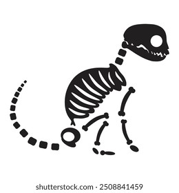 Verfaultes Halloween sitzendes kleines Kätzchen mit getrockneten Skelettknochen, märchenhafter gruseliger Charakter. Beängstigend antikes Fossil von sitzenden Kätzchen. Einfache schwarz-weiße Vektorgrafik einzeln auf weißem Hintergrund