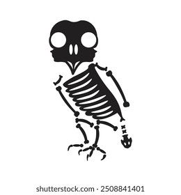 Verfaulter Halloween sitzender Eule Vogel mit getrockneten Skelett Knochen, Märchen gruseligen Charakter. Beängstigend antikes Fossil von sitzenden Eule Vogel. Einfache schwarz-weiße Vektorgrafik einzeln auf weißem Hintergrund