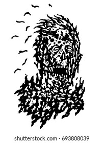 Decayed head of zombie. Vector illustration. Black and white colors. The horror genre. Scary character face.