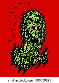 Decayed head of zombie. Vector illustration. The horror genre. Scary character face.