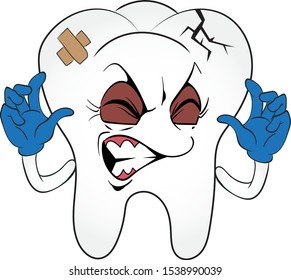 Decayed and seriously sick tooth cartoon character with the blue gloves