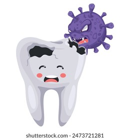 Decayed tooth cartoon with infection being attacked by a Streptococcus bacteria. Prevention, diagnosis and treatment of tooth and gum diseases. Dental hygiene and oral care. Prevention of tooth decay