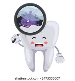 Decayed tooth cartoon with infection being attacked by a Streptococcus bacteria. Prevention, diagnosis and treatment of tooth and gum diseases. Dental hygiene and oral care. Prevention of tooth decay