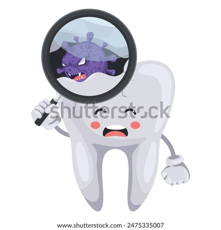 Decayed tooth cartoon with infection being attacked by a Streptococcus bacteria. Prevention, diagnosis and treatment of tooth and gum diseases. Dental hygiene and oral care. Prevention of tooth decay