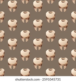 Decayed tooth with cavities and plaque buildup. Seamless vector cartoon pattern, Damaged molar illustration symbolizing poor oral hygiene, dental problems, and the need for professional treatment.