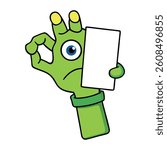 A decayed zombie hand with torn flesh and exposed bones grips a blank card tightly, its eerie fingers curled around the edges, ready for a spooky message or design.