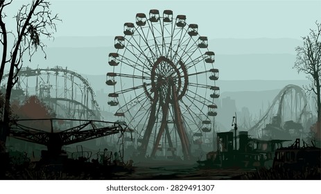Decaying Ferris Wheel and Roller Coaster in Ruined Park