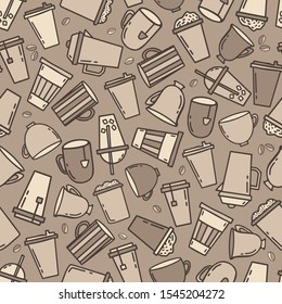 Decaying plastic cups coffee, tea, beans seamless pattern. Vector hand drawn brown illustration. Design print for wallpaper, menu cafe and restaurant. Reusable ceramic cup cartoon doodle background.
