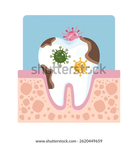 Decaying tooth with bacteria and germs. Dental problem, infection, and poor hygiene concept. Vector illustration isolated on white background.