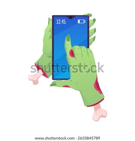 Decaying zombie hands holding smartphone and touching screen, vector illustration. Hand gesture. Halloween. Rotting limb with protruding bones and lacerations. Isolated background.