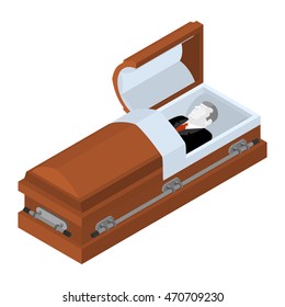 Deceased in coffin. Dead man lay in wooden casket. Corpse in an open hearse for burial
