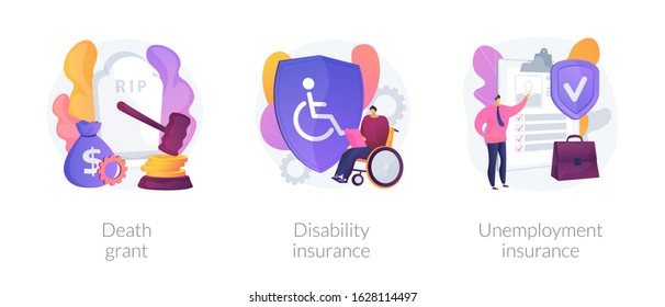 Deceased employee funeral expenses coverage. Disabled individuals allowance. Death grant, disability insurance, unemployment insurance metaphors. Vector isolated concept metaphor illustrations.