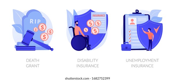 Deceased Employee Funeral Expenses Coverage. Disabled Individuals Allowance. Death Grant, Disability Insurance, Unemployment Insurance Metaphors. Vector Isolated Concept Metaphor Illustrations.