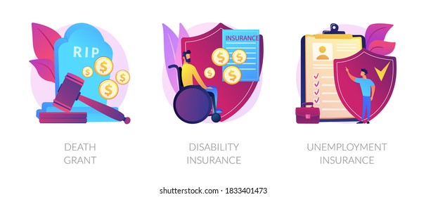 Deceased Employee Funeral Expenses Coverage. Disabled Individuals Allowance. Death Grant, Disability Insurance, Unemployment Insurance Metaphors. Vector Isolated Concept Metaphor Illustrations.