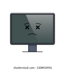 Deceased face on computer screen emoticon icon. Undead digital device emoji symbol. Social communication and chatting. Broken monitor showing facial emotion. Animated flat display vector illustration