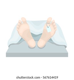 Deceased with tag icon in cartoon style isolated on white background. Funeral ceremony symbol stock vector illustration.