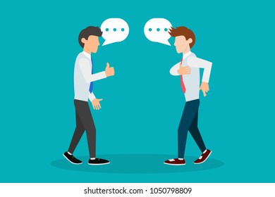 Deceit. Illustration with young stylish men with speech bubbles having conversation, one of them lies, hiding crossed fingers deceit sign fingers gesture. Eps vector illustration horizontal image flat