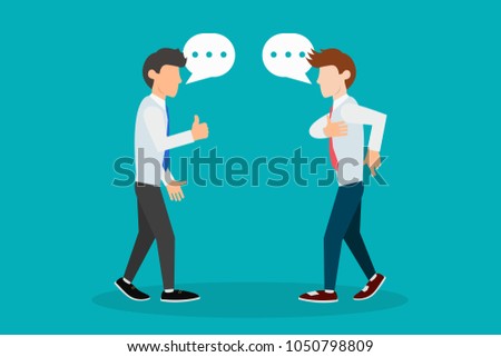 Deceit. Illustration with young stylish men with speech bubbles having conversation, one of them lies, hiding crossed fingers deceit sign fingers gesture. Eps vector illustration horizontal image flat