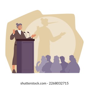 Deceitful Female Character Stand On Podium Or Tribune, Likely Giving A Speech Or Addressing An Audience With False Information. Dishonesty, Propaganda, Or Politics. Cartoon People Vector Illustration