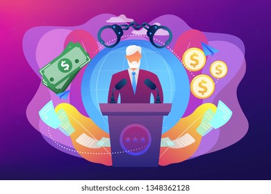 Deceitful politician speaking from tribune, corruption in politics. Political corruption, bribery and tax offence, governmental corruption concept. Bright vibrant violet vector isolated illustration