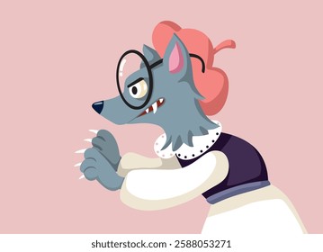 
Deceitful Wolf Dressed in Granny Clothing Vector Concept Illustration. Cunning wolf dressed as a kindly old woman
