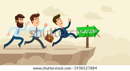 Deceived and naive businessmen run into the abyss. Deception and lies in business. Fierce competition. Vector illustration, flat design, cartoon style.