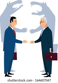 Deceiving businessmen shaking hands, wolves' shadows on the background, vector cartoon