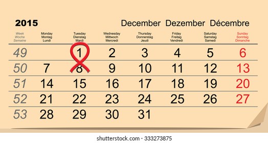December 1, 2015 World AIDS Day. Red ribbon symbol. Calendar date reminder. Illustration in vector format