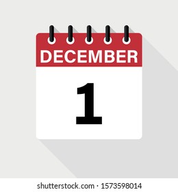 December 1- Calendar Icon. Calendar Icon with shadow. Flat style. Date, day and month.