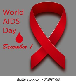 December 1 World AIDS Day red satin ribbon on a gray background with the text. Vector illustration.