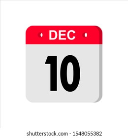 December 10 - Calendar Icon. Calendar Icon with shadow. Flat style. Date, day and month. Reminder. Vector illustration. Organizer application, app symbol. Ui. User interface sign.