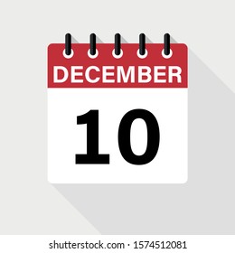 December 10 - Calendar Icon. Calendar Icon with shadow. Flat style. Date, day and month.