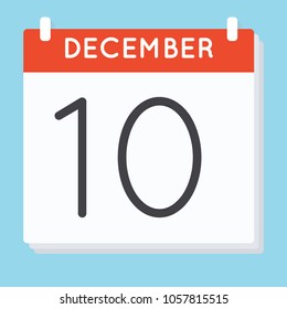 December 10. Calendar icon. Vector illustration in flat design isolated in blue background. Date and time, day, month.
