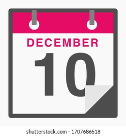 December 10th Flat icon calendar isolated on white background. Vector illustration