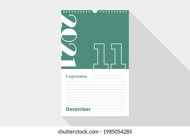 December 11 Calendar 2021 on notebook paper white and green background with your logo