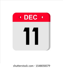 December 11 - Calendar Icon. Calendar Icon with shadow. Flat style. Date, day and month. Reminder. Vector illustration. Organizer application, app symbol. Ui. User interface sign.