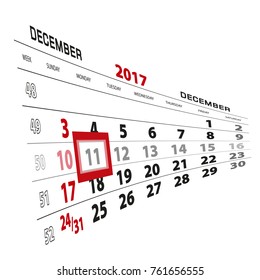December 11, highlighted on 2017 calendar. Week starts from Sunday. Vector Illustration.