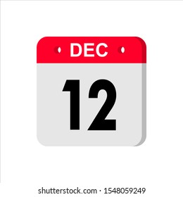 December 12 - Calendar Icon. Calendar Icon with shadow. Flat style. Date, day and month. Reminder. Vector illustration. Organizer application, app symbol. Ui. User interface sign.