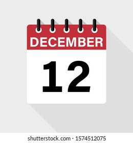 December 12 - Calendar Icon. Calendar Icon with shadow. Flat style. Date, day and month.