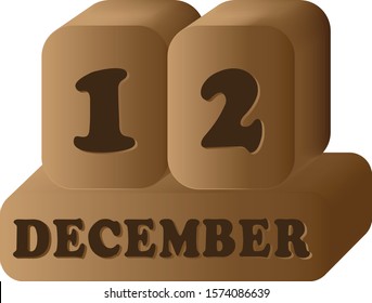 December 12. Vector 3D daily calendar wood icon 