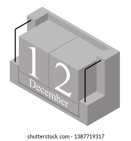 December 12th date on a single day calendar. Gray wood block calendar present date 12 and month December isolated on white background. Holiday. Season. Vector isometric illustration