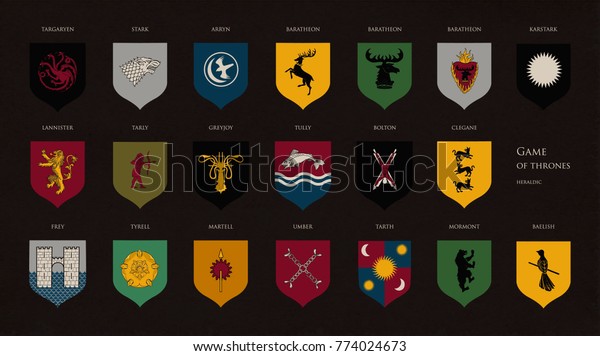 DECEMBER 13, 2017: Set of heraldic symbols\
or logos of various Game of Throne houses isolated on dark\
background. Bundle of coat of arms or sigils of fantasy kingdoms.\
Editorial vector\
illustration.