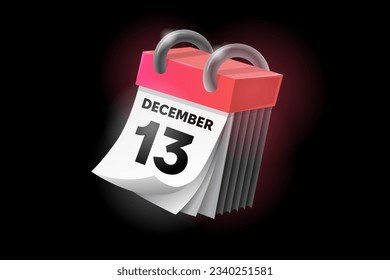 December 13 3d calendar icon with date isolated on black background. Can be used in isolation on any design.