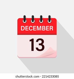 December 13, Calendar icon with shadow. Day, month. Flat vector illustration.