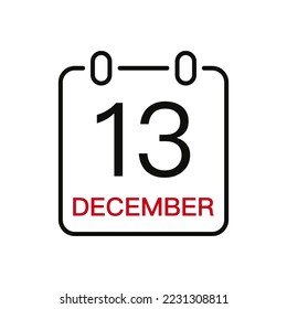 December 13 date on the calendar, vector line stroke icon for user interface. Calendar with date, vector illustration.